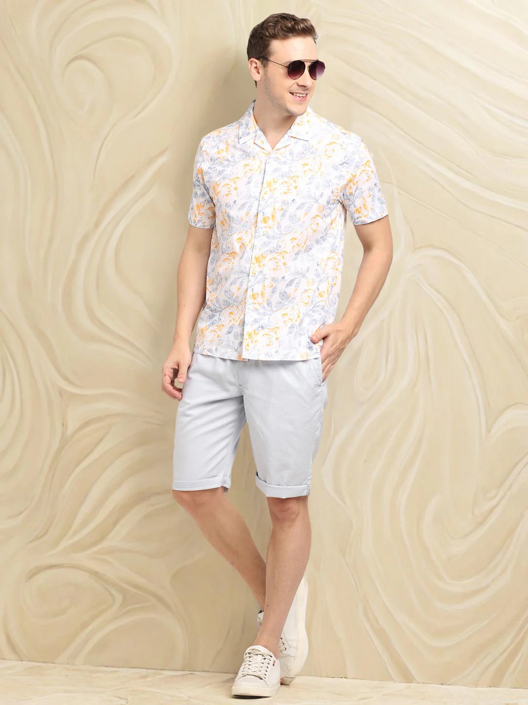 Indian Terrain Men's Slim Fit Half Sleeve All Over Print White Shirt